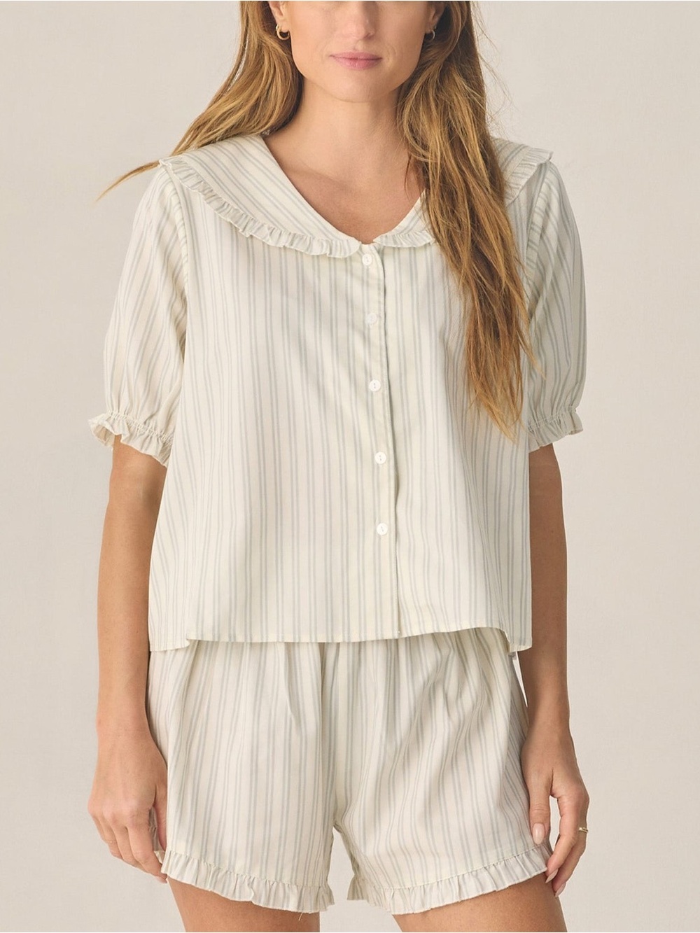 Rylee + Cru Delilah Pajama Set, Seafoam Railroad Stripe - Medium